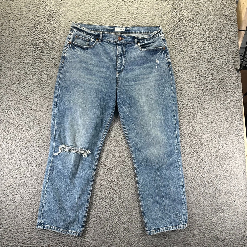 Loft Jeans Women 14 Blue Cotton Denim Straight Cropped Faded Distressed Stretch